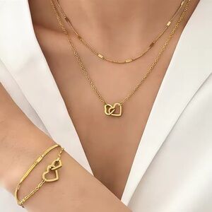 🆕New Gold/Silver Stainless Steel Love Heart Double Chain Necklace & Bracelet